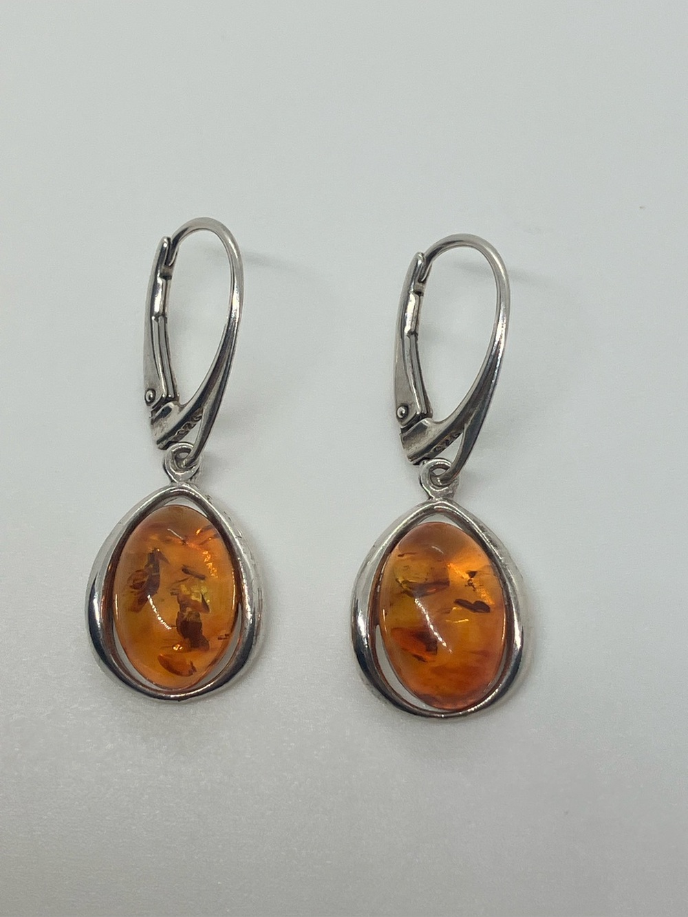 Vtg 925 Baltic Amber Modernist Teardrop Dangle Leverback Sterling Earrings
